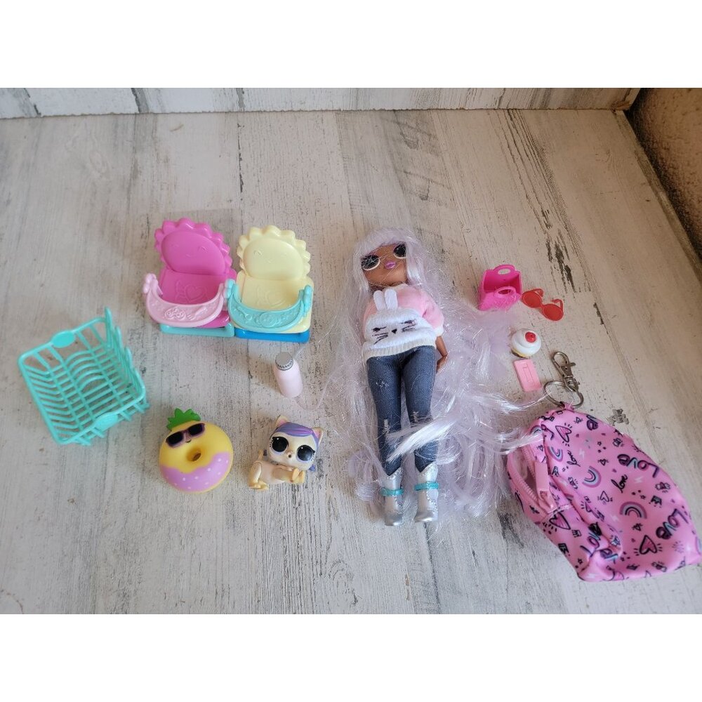 Young girl doll back pack cat accessories toy set figure